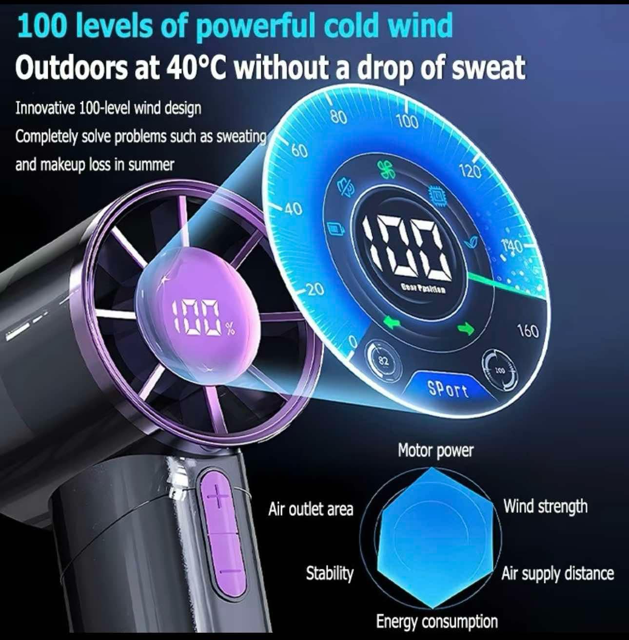 8000MAH Bladeless Handheld Small Fan Portable High Speed Rechargeable Turbo Fan With 100 Gear Super