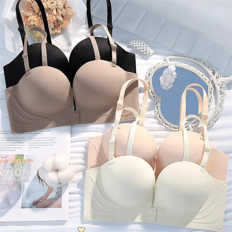 Glossy Front Closure Bra Push up Detachable Shoulder Strap Seamless Wireless Underwear Non-Slip Cup