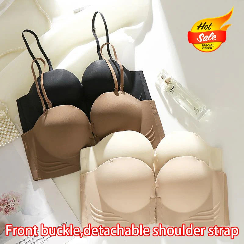 Glossy Front Closure Bra Push up Detachable Shoulder Strap Seamless Wireless Underwear Non-Slip Cup