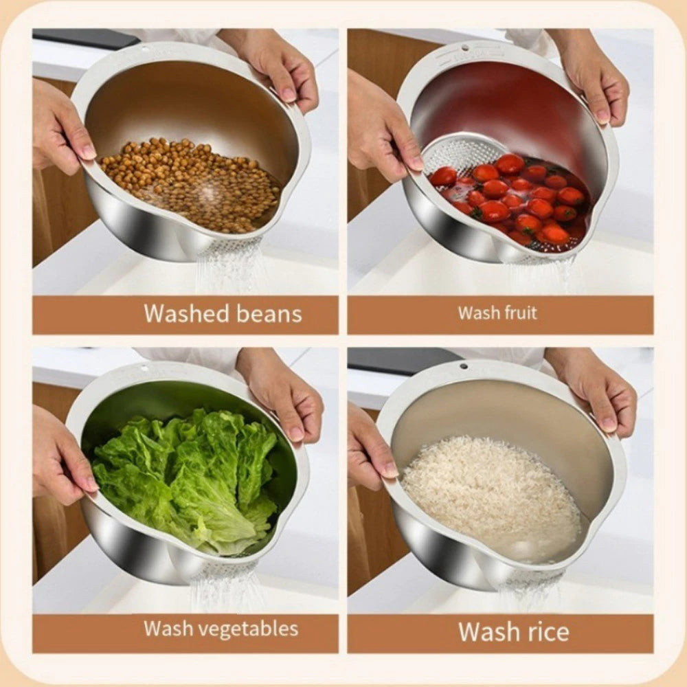 Stainless Steel Rice Strainer Basin with Hook - Kitchen Storage