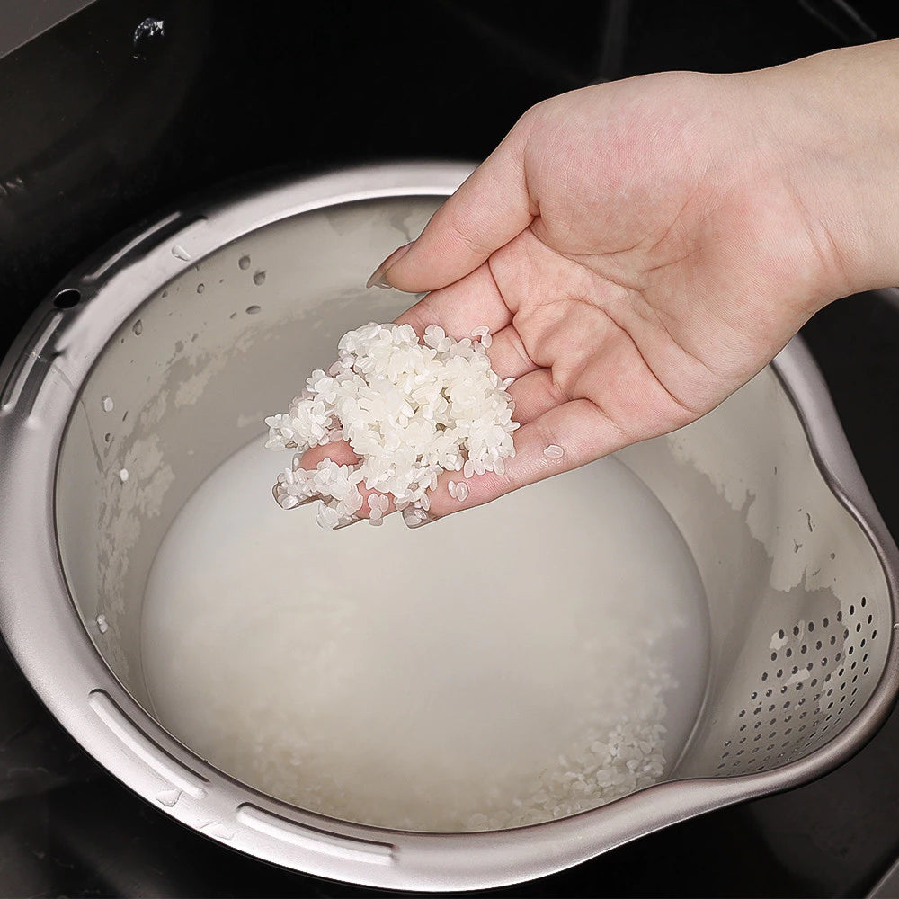 Stainless Steel Rice Strainer Basin with Hook - Kitchen Storage