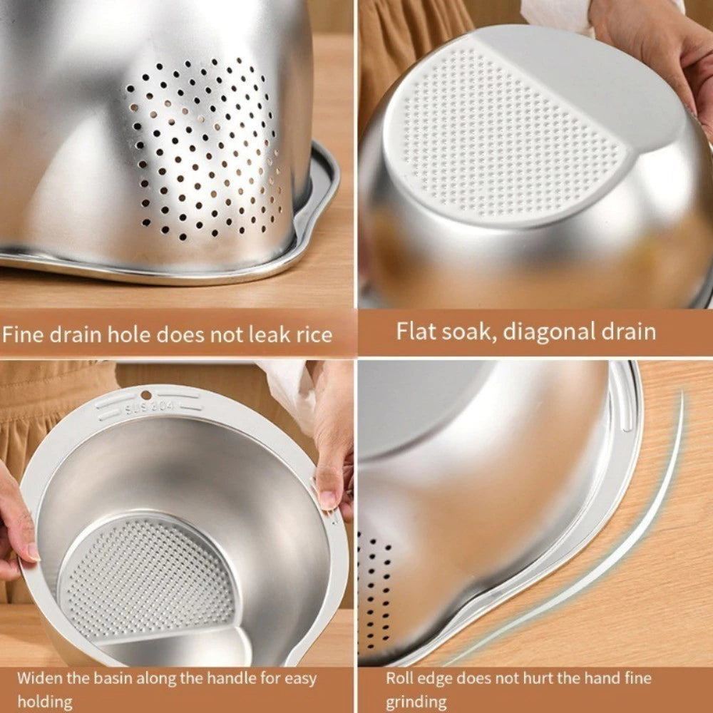 Stainless Steel Rice Strainer Basin with Hook - Kitchen Storage