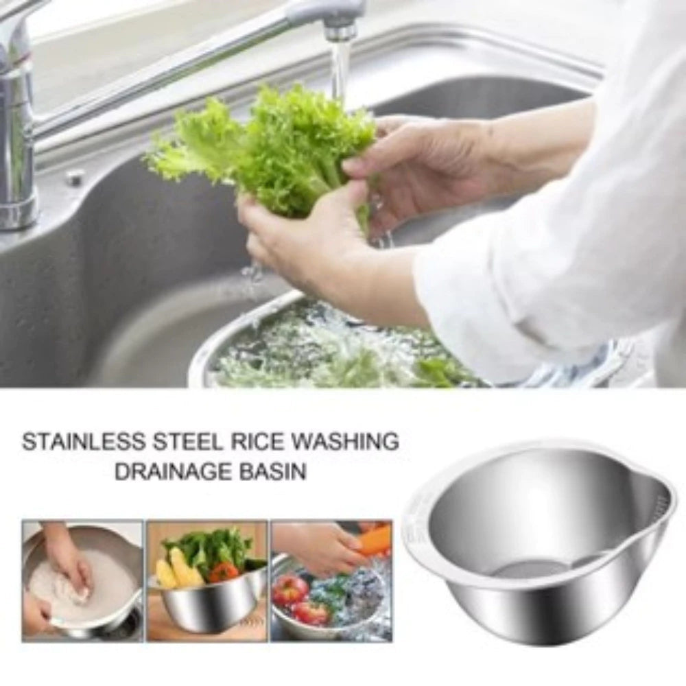 Stainless Steel Rice Strainer Basin with Hook - Kitchen Storage
