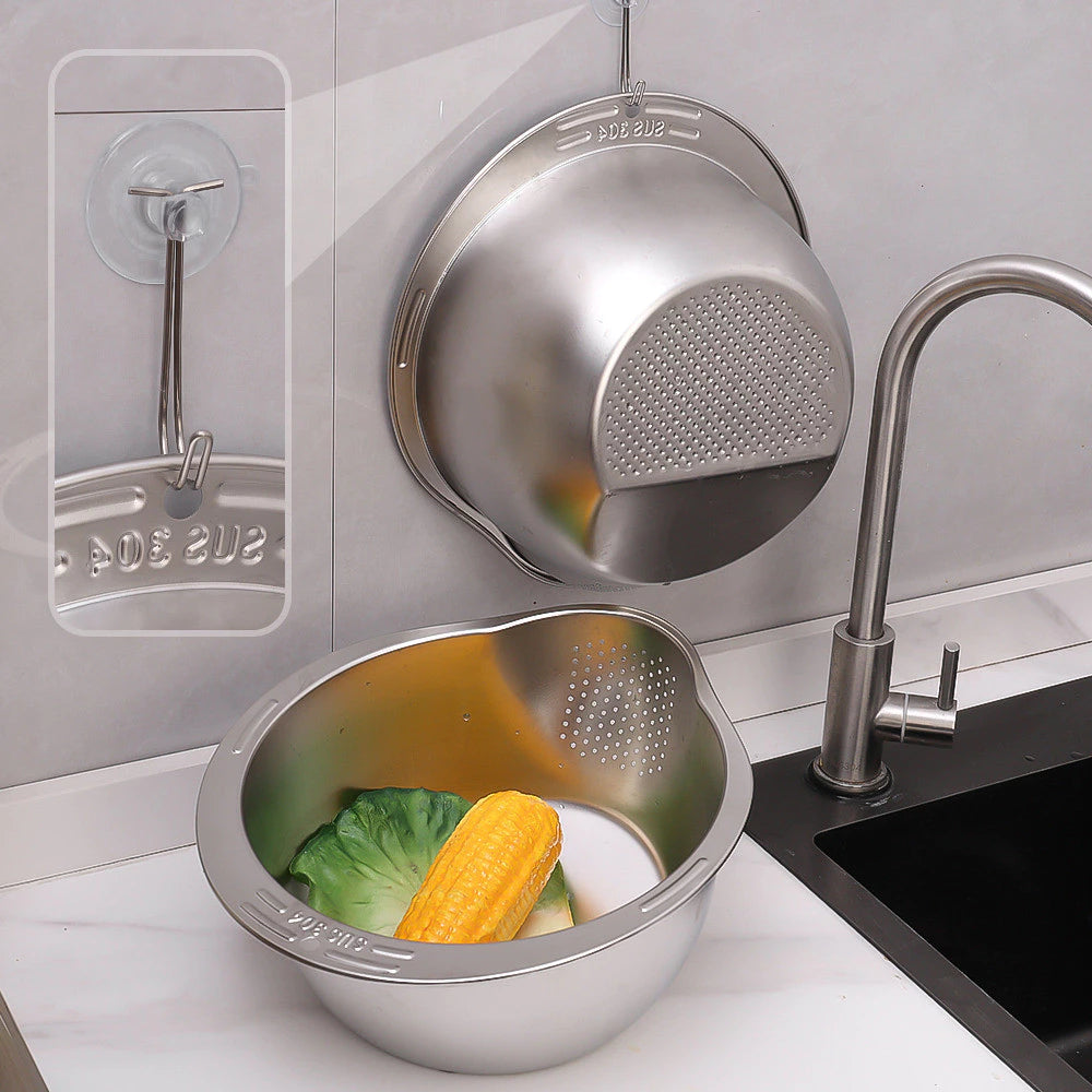 Stainless Steel Rice Strainer Basin with Hook - Kitchen Storage