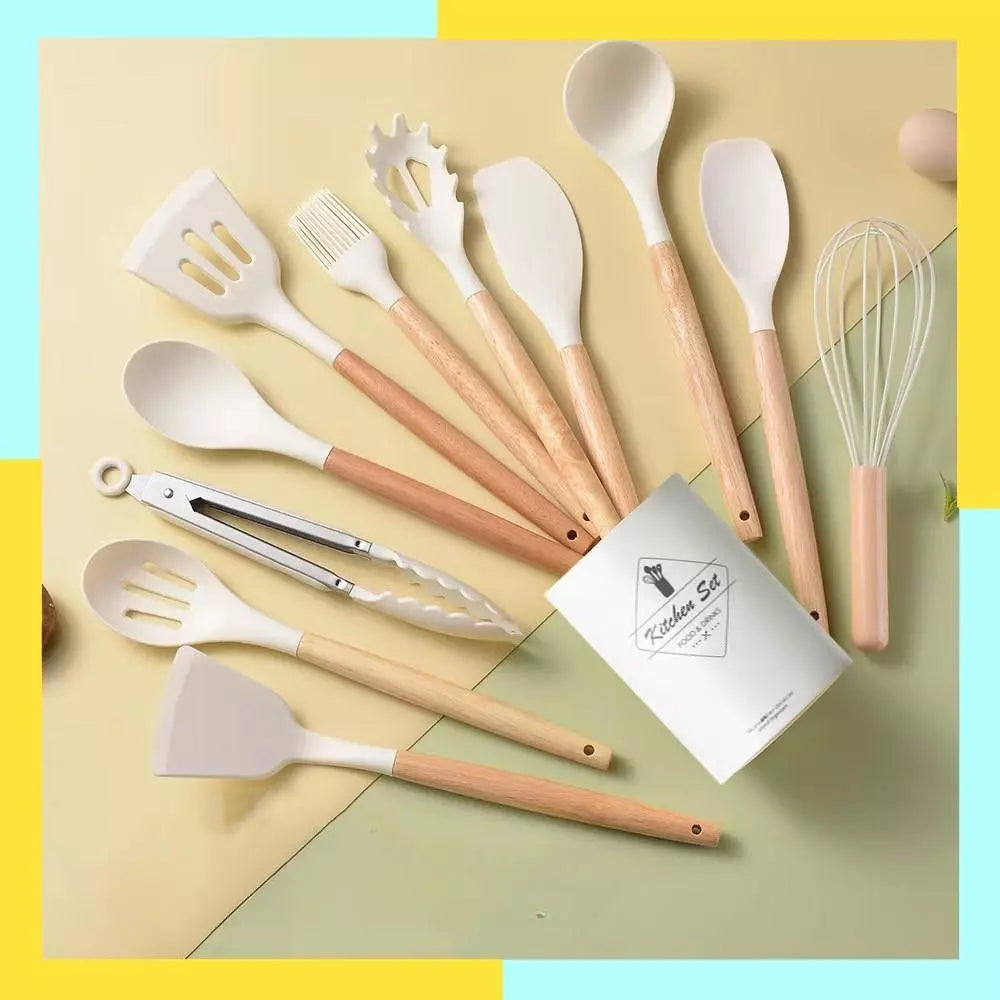 12 pcs wooden handle kitchen utensil set with heat resistant silicone, non-scratch and BPA free