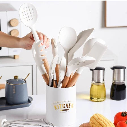 12 pcs wooden handle kitchen utensil set with heat resistant silicone, non-scratch and BPA free