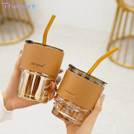 Glass Straw Cup Coffee Mug with Lid Tumbler Hot Cold Milk Tea Cup Water Bottles Office cup