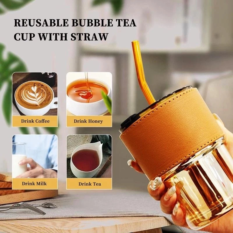 Glass Straw Cup Coffee Mug with Lid Tumbler Hot Cold Milk Tea Cup Water Bottles Office cup