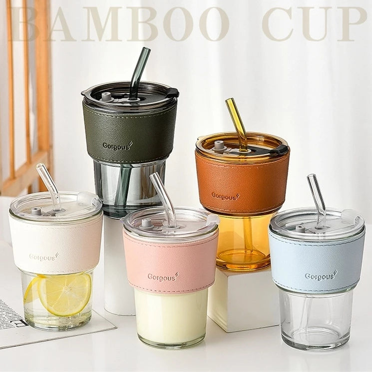 Glass Straw Cup Coffee Mug with Lid Tumbler Hot Cold Milk Tea Cup Water Bottles Office cup