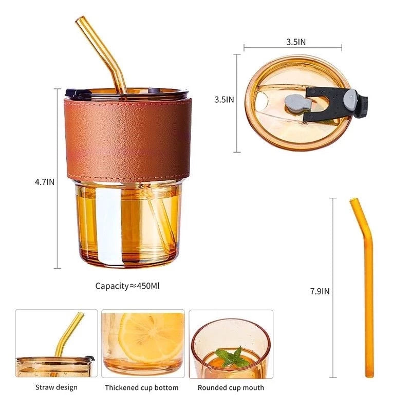 Glass Straw Cup Coffee Mug with Lid Tumbler Hot Cold Milk Tea Cup Water Bottles Office cup