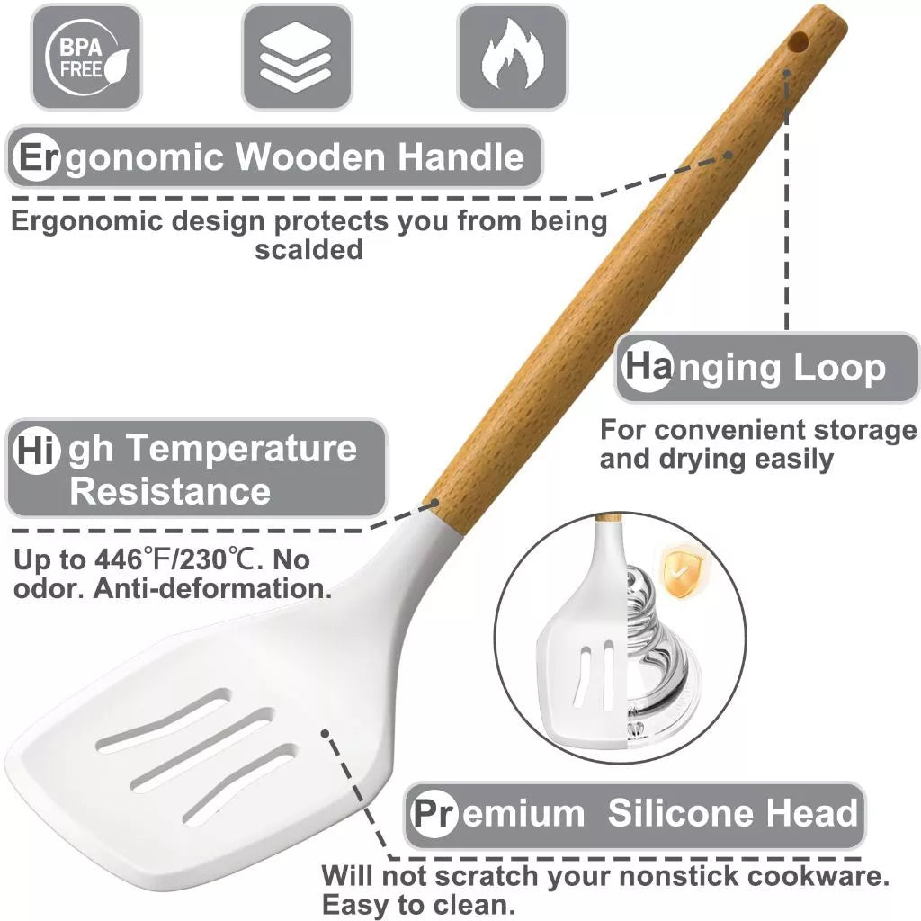 12 pcs wooden handle kitchen utensil set with heat resistant silicone, non-scratch and BPA free