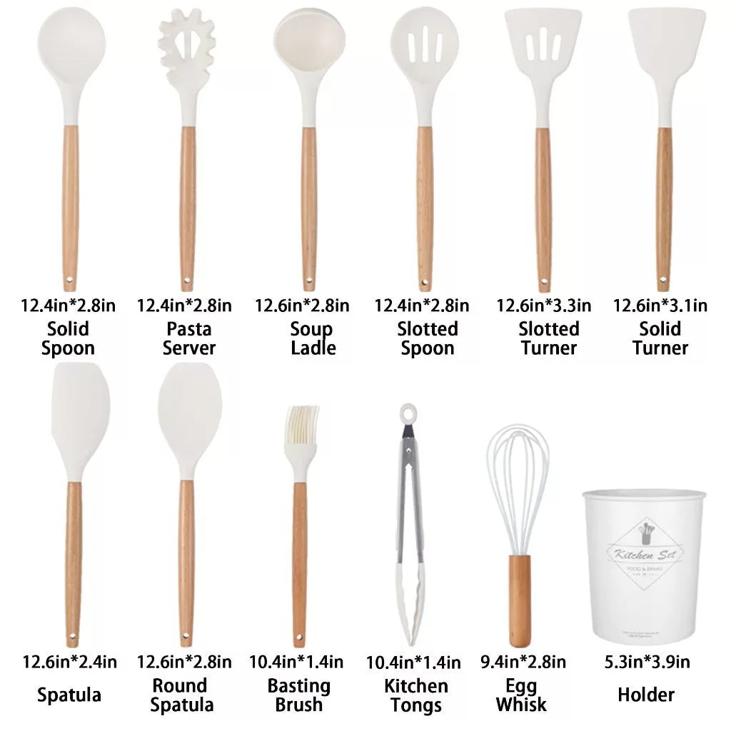 12 pcs wooden handle kitchen utensil set with heat resistant silicone, non-scratch and BPA free