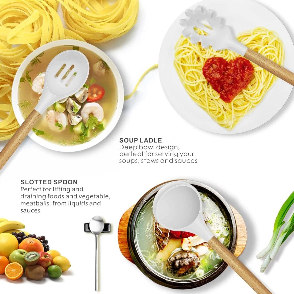 12 pcs wooden handle kitchen utensil set with heat resistant silicone, non-scratch and BPA free