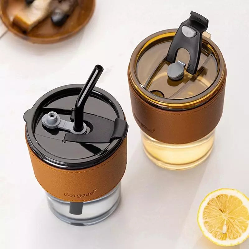 Glass Straw Cup Coffee Mug with Lid Tumbler Hot Cold Milk Tea Cup Water Bottles Office cup
