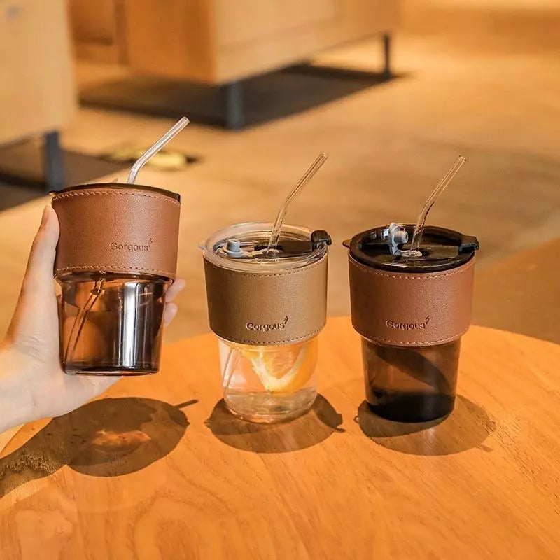 Glass Straw Cup Coffee Mug with Lid Tumbler Hot Cold Milk Tea Cup Water Bottles Office cup